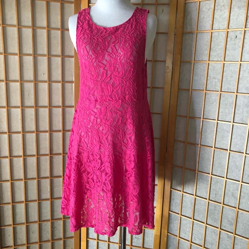 Free People Dress Neon Pink Lace Swim Cover Fit and Flare See Through